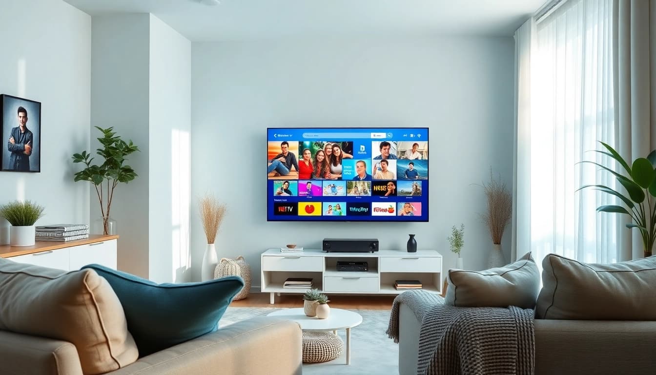 Experience the best free iptv trial in a professional IPTV setup with a cozy living room ambiance.