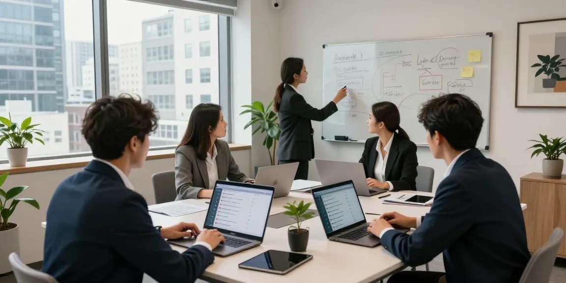 Professionals discussing 오피사이트 rankings in a modern office, engaging in collaborative work with laptops and digital devices.