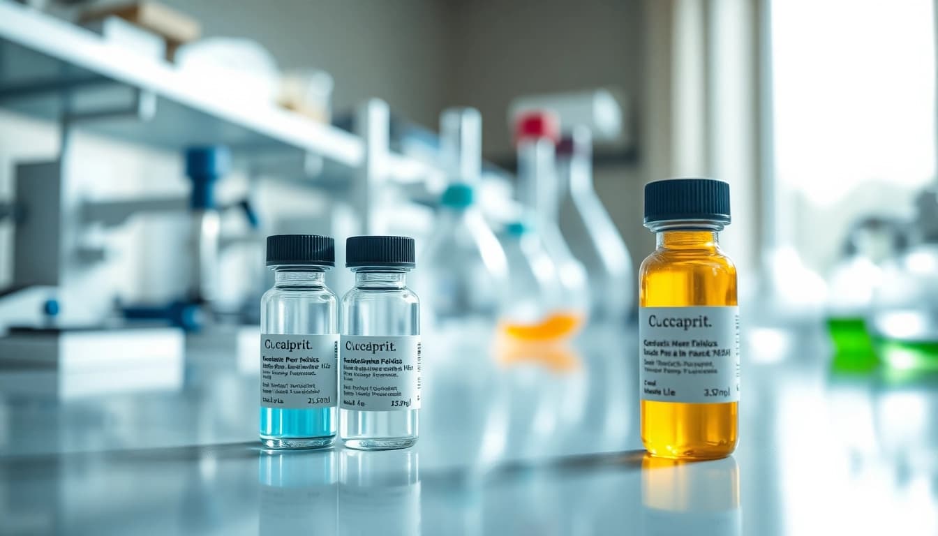 Cagri vials in a laboratory environment showcasing research peptide advancements and clarity.