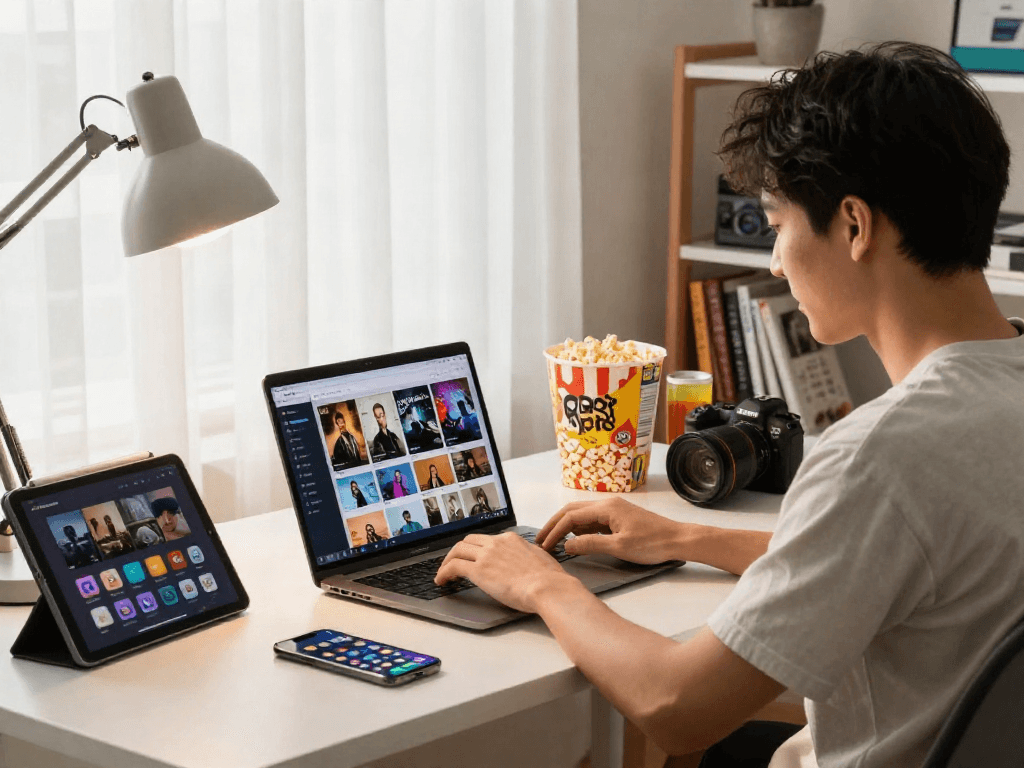 Pikashow APK download interface displayed on a laptop in a cozy home office.
