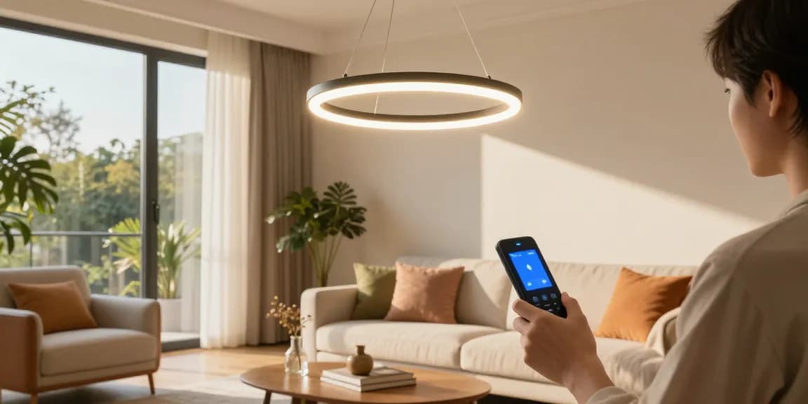 Lustra cu telecomanda modernă în living, controlată de o persoană, aducând un ambient primitor.