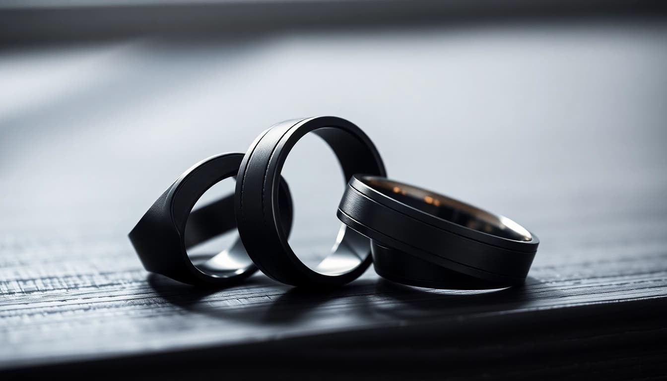 Showcasing stunning black wedding rings for men designed with elegance and bold textures.