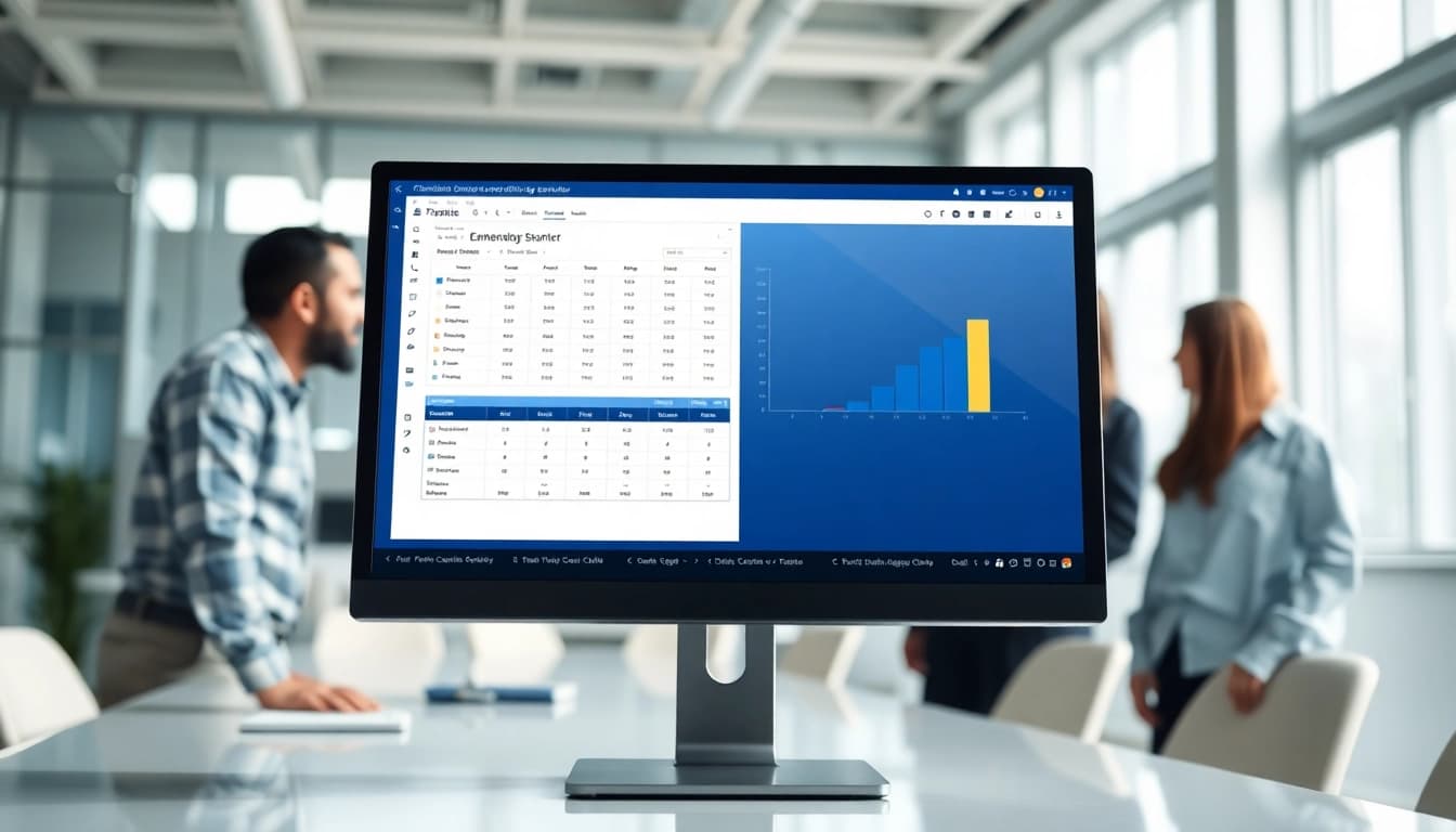 Visual of a compliance matrix generator tool on a monitor, showcasing its capabilities in a business environment.