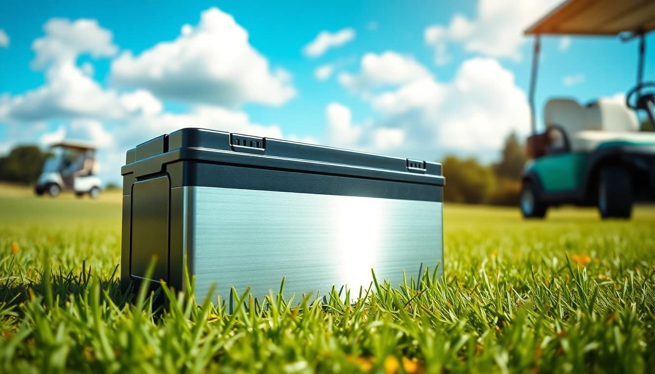 Showcase lithium golf cart batteries enhancing recreational enjoyment on a sunny golf course.