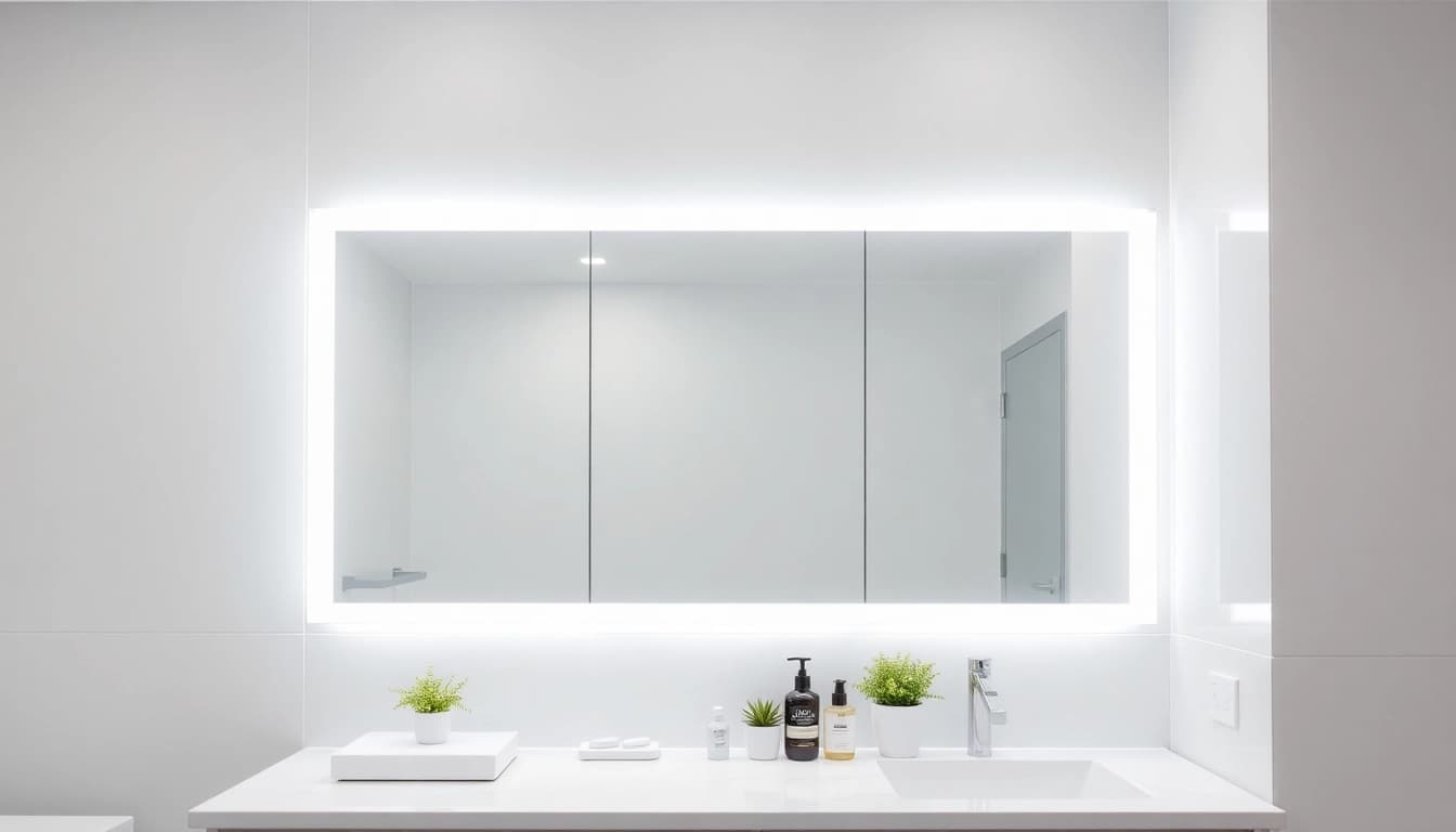 Spiegelschrank Bad mit Beleuchtung in modernem Badezimmer, elegant und funktional gestaltet.