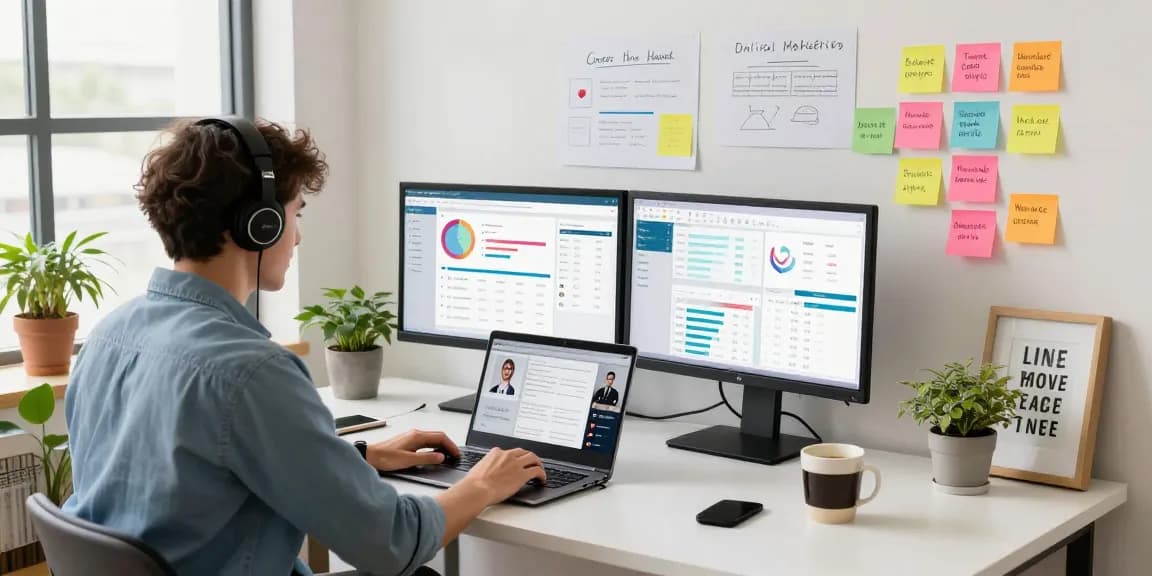 Marketing strategist analyzing analytics dashboards for 456bd strategies in a vibrant workspace.
