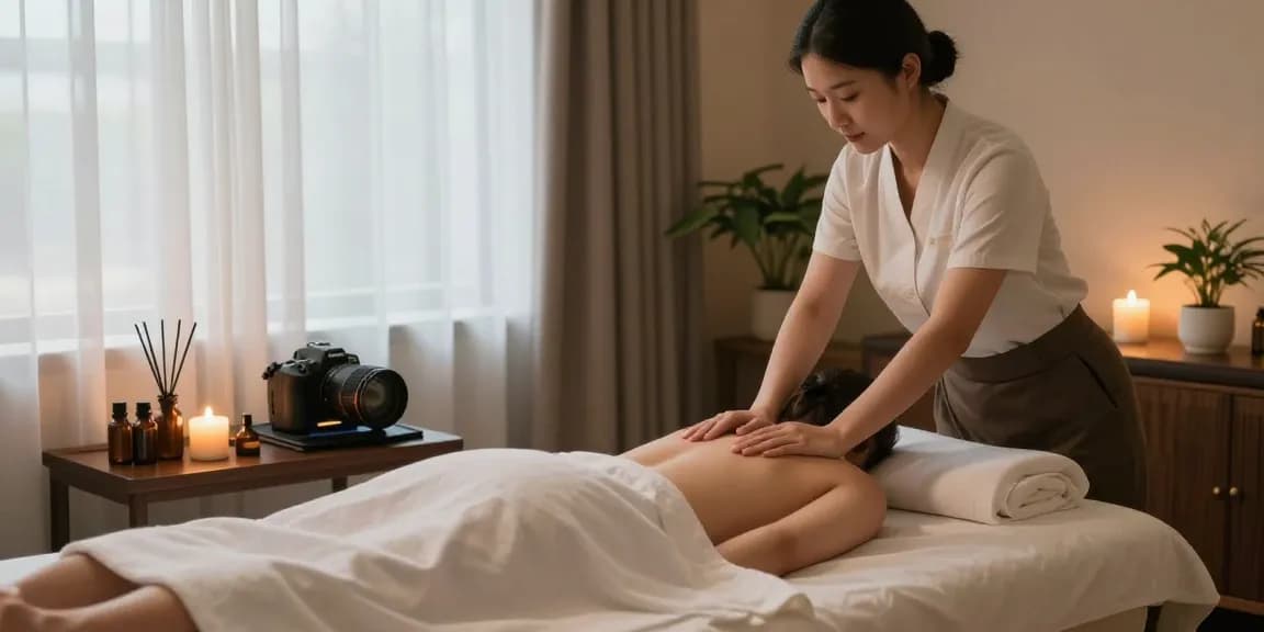 마사지 치료를 준비하는 전문 마사지사가 있는 조용한 마사지룸 모습