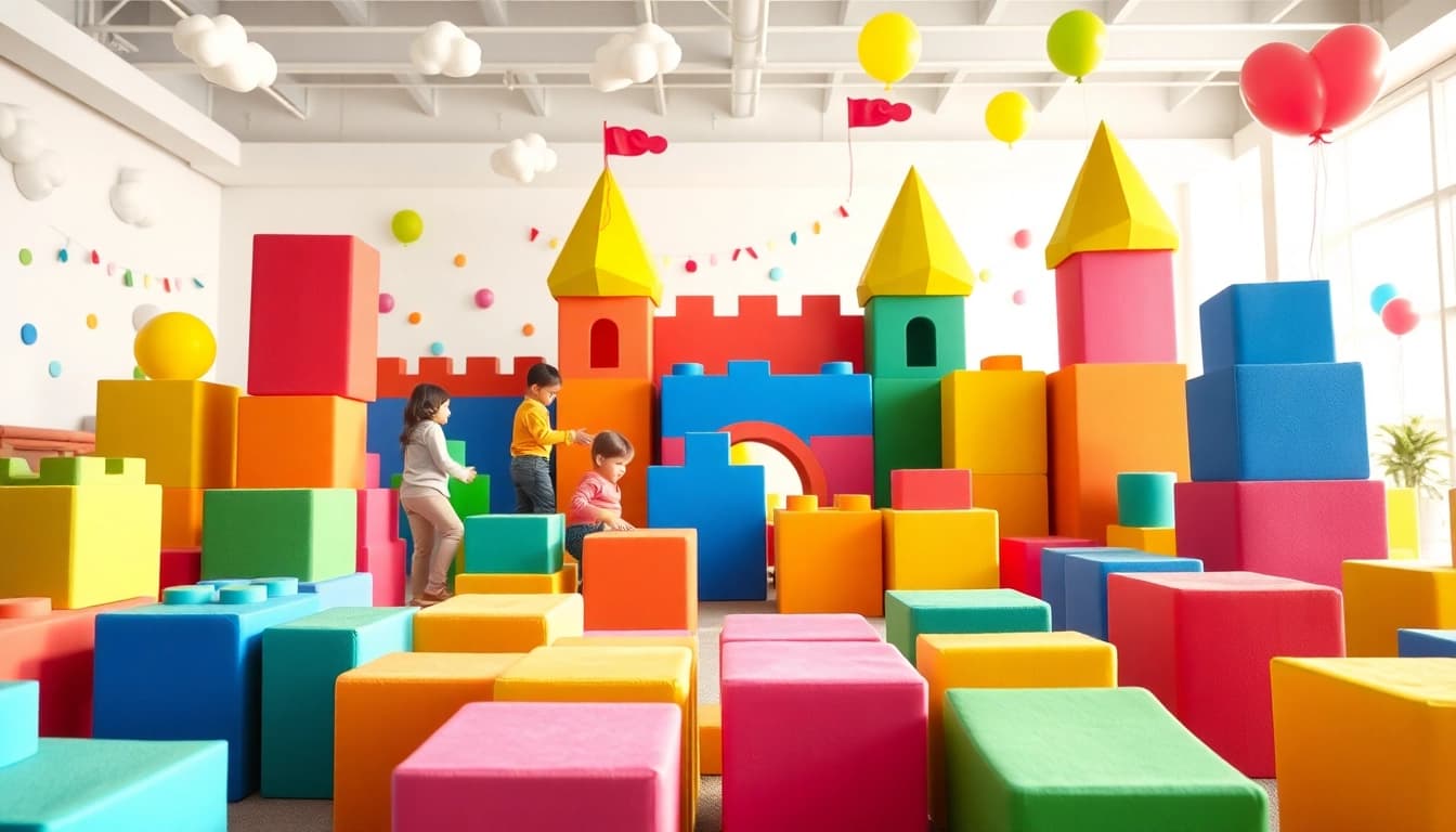 Get the details on giant foam building blocks creating imaginative play spaces in an indoor adventure.