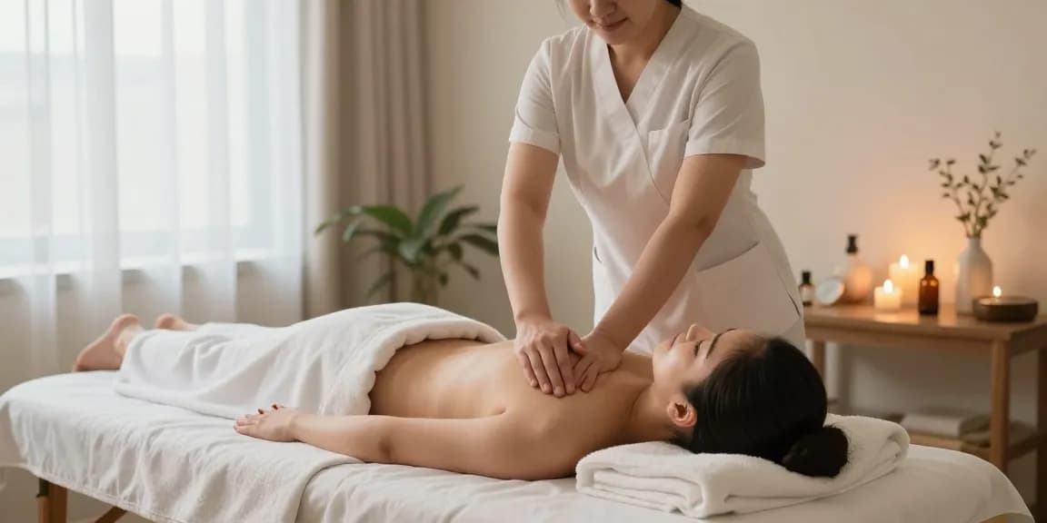 마사지 테라피를 받는 고객과 전문가의 모습, 아로마 오일과 조용한 분위기 속에서의 힐링