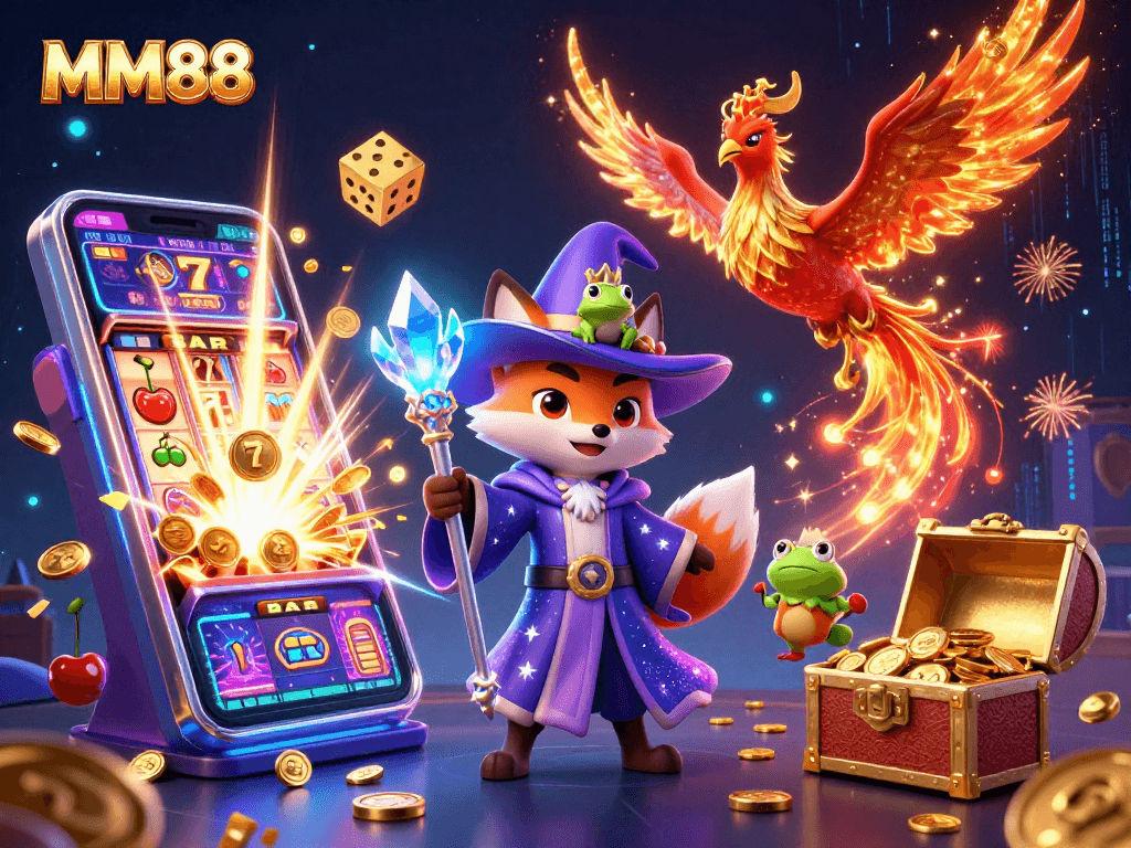 Experience thrilling wins with MM88's online casino games featuring vibrant slot machines and magical characters.