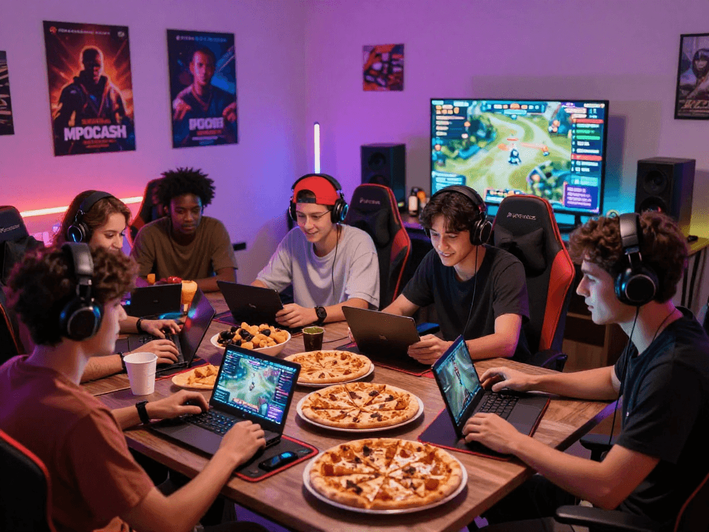Online gaming excitement on MPOCASH platform with friends gathered around a table, enjoying snacks and vibrant atmosphere.