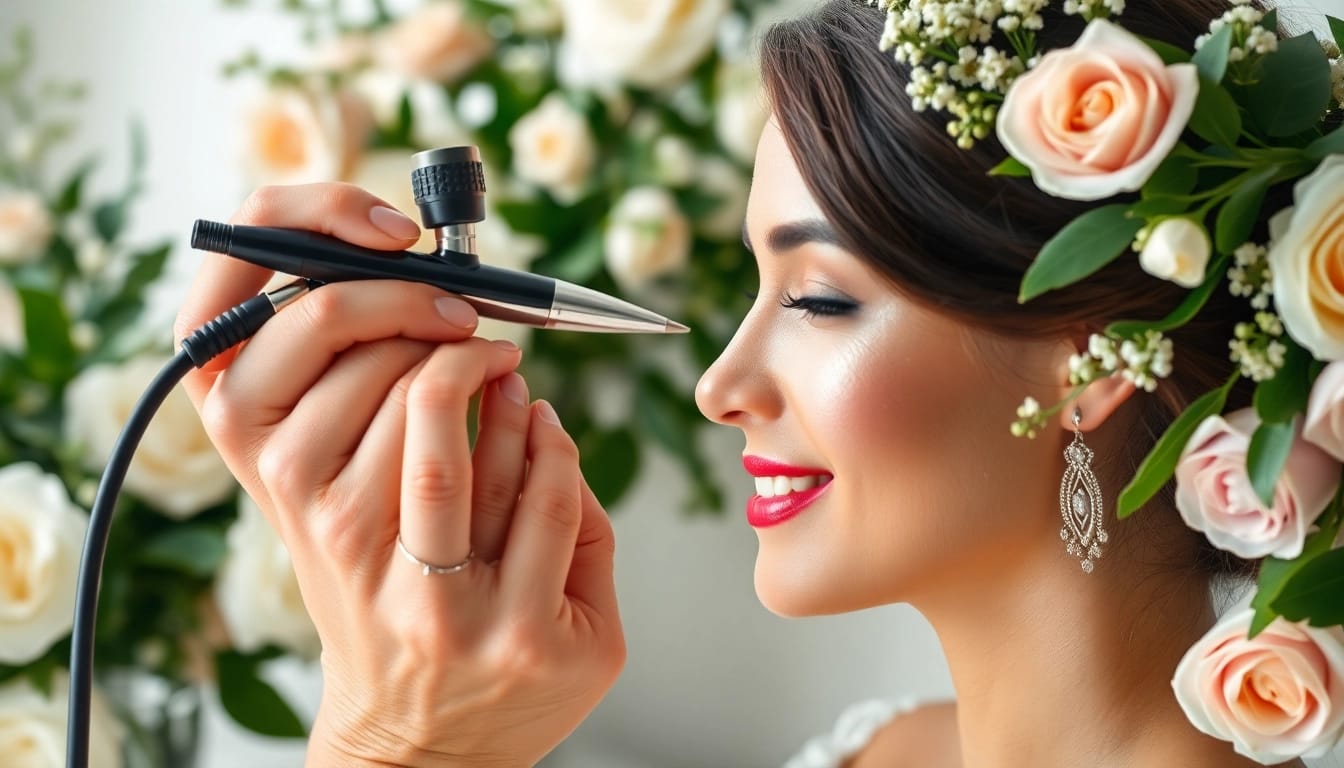 Applying Wedding airbrush makeup Dallas bride with radiant finish in romantic floral setting.