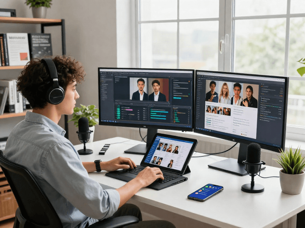 AI porn analytics workspace with professional analyzing content metrics and engagement.