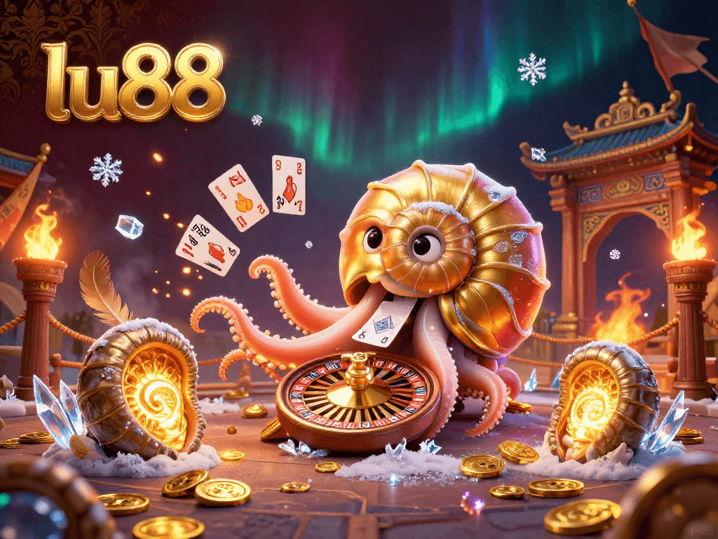Catch exhilarating moments at lu88 with a vibrant casino scene filled with a nautilus roulette and glowing ammonites.
