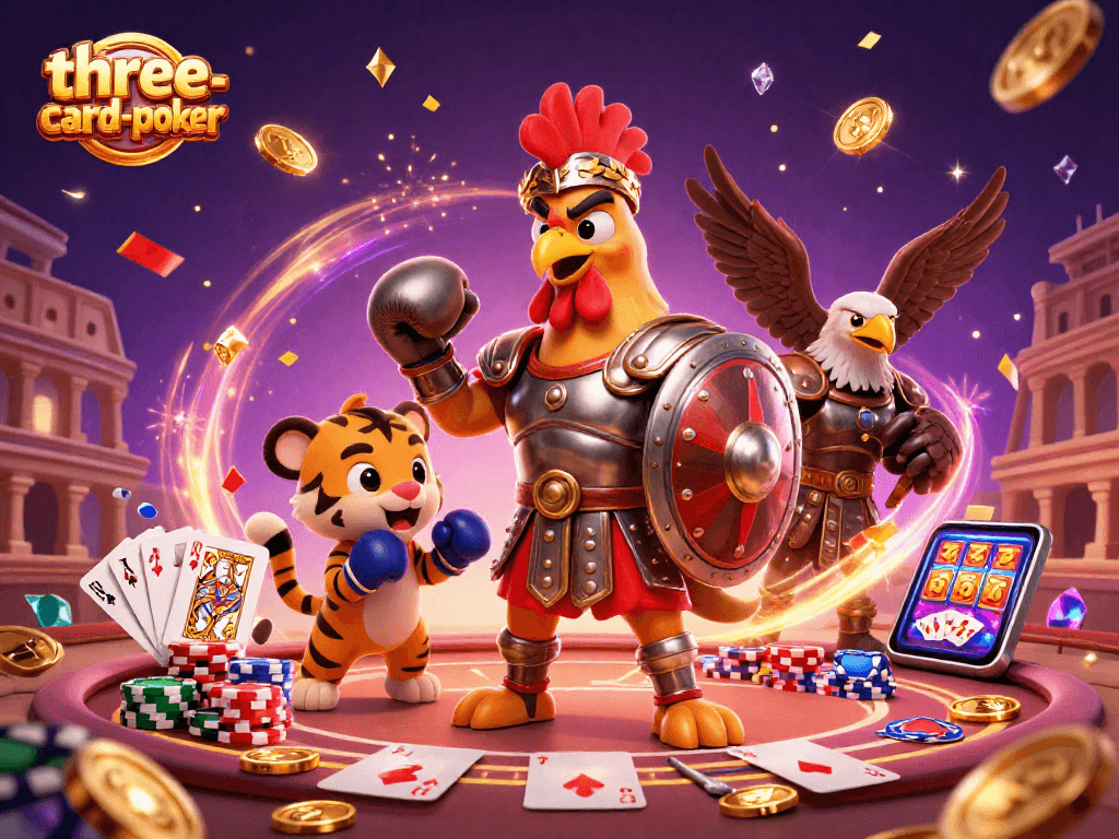 Experience three-card-poker excitement with vibrant characters and rich casino elements.