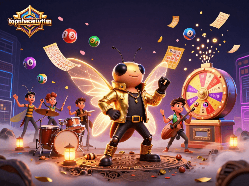 Join the excitement at topnhacaiuytinn as colorful lottery elements surround dynamic characters in a vibrant casino illustration.