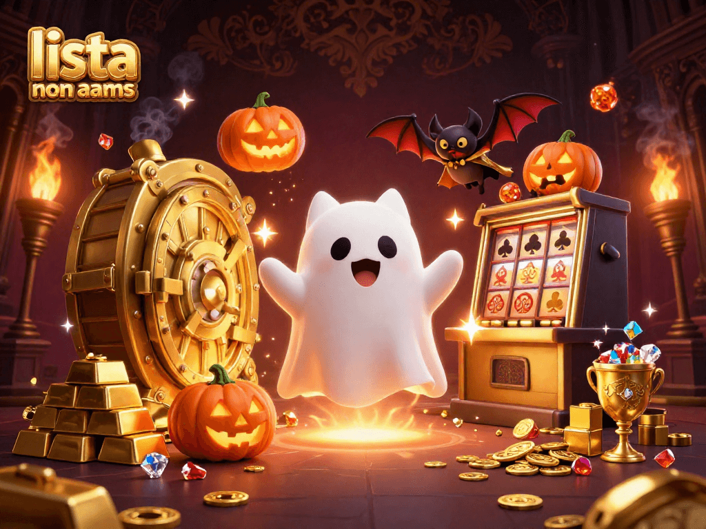 Scopri la lista casino non AAMS in un'illustrazione vivace con un gatto fantasma e gemme brillanti.