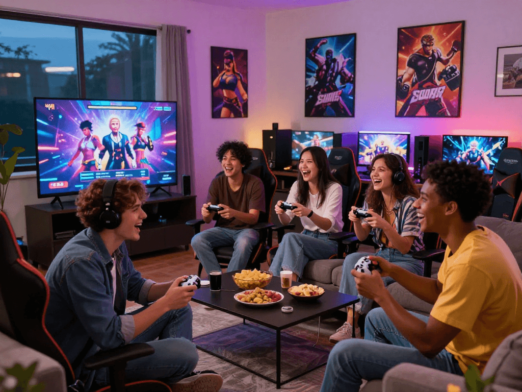 Engaged gamers enjoying a vibrant porn game night with friends in a stylish living room.
