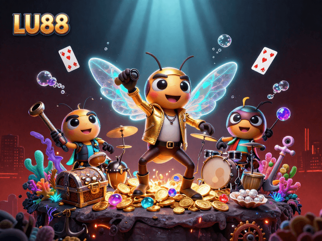 Engage with LU88's vibrant 3D illustration celebrating casino thrills through lively characters and dynamic elements.
