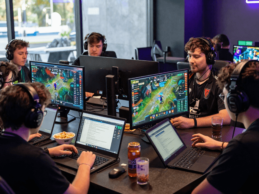 Esports betting enthusiasts analyzing data and strategies with real-time stats on multiple screens, 바로가기 to interactive betting platforms.