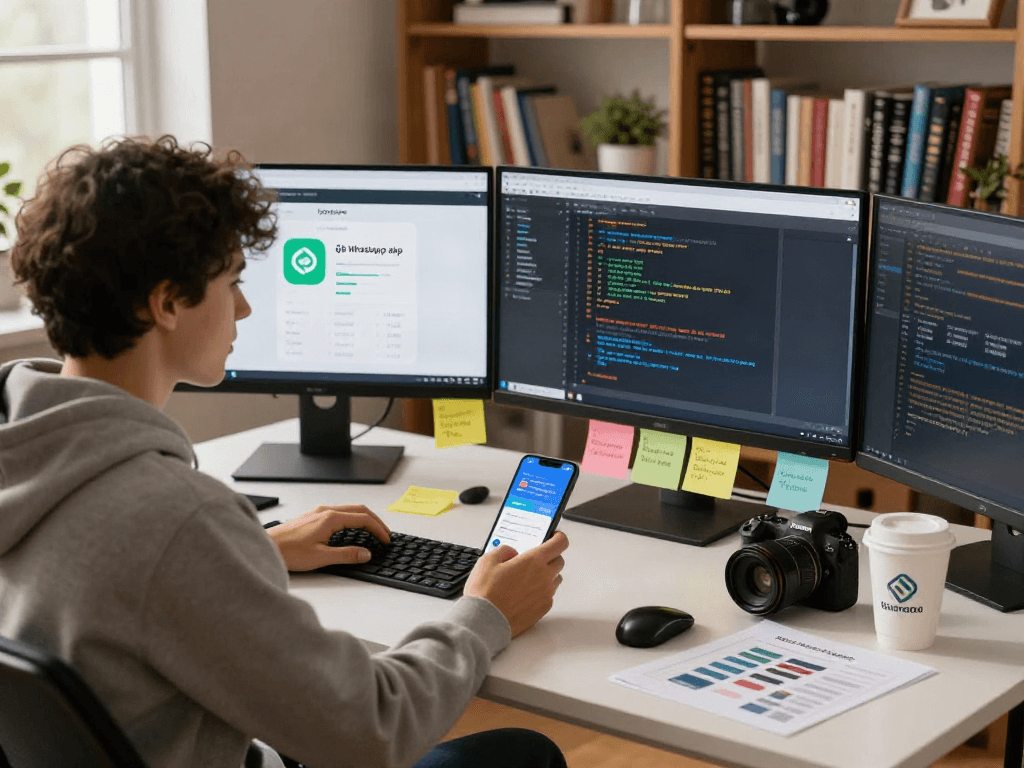 Developer working on gb whatsapp apk in a vibrant, modern workspace