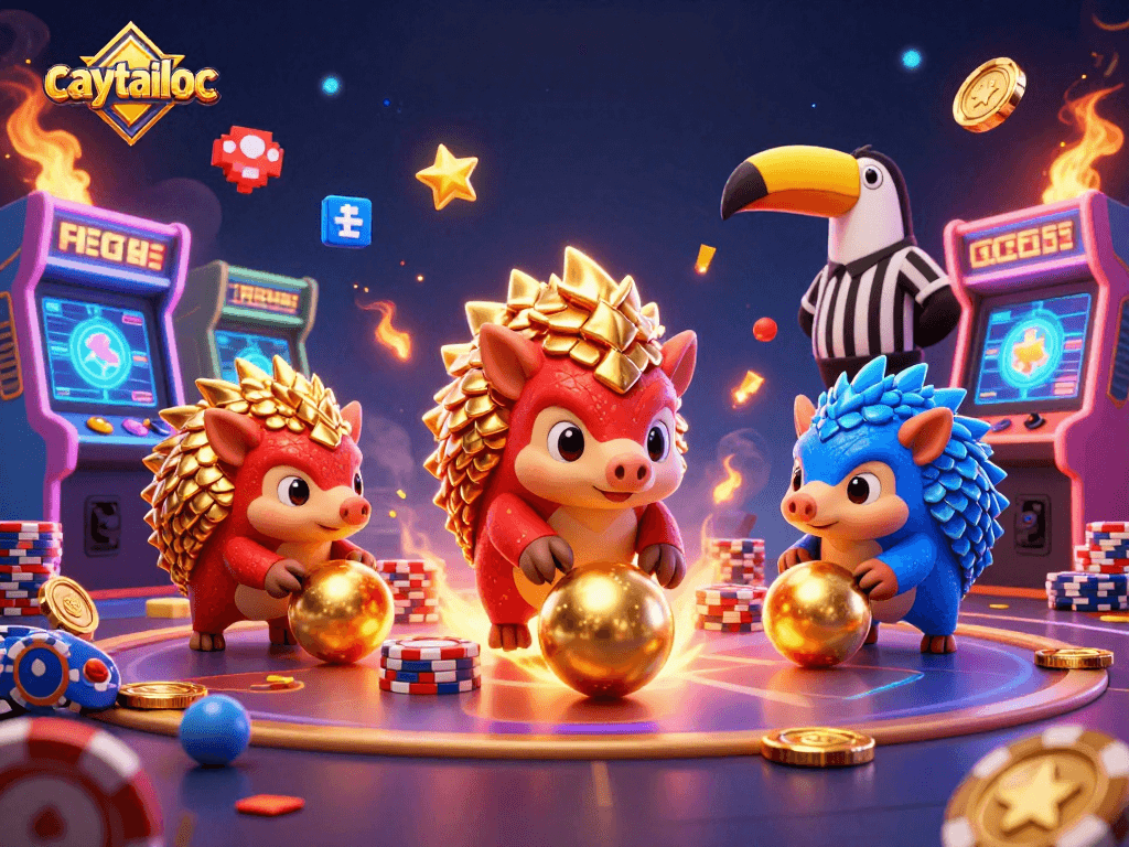 Experience the excitement of caytailoc as vibrant pangolins roll through golden stacks and poker chips in a colorful casino scene.