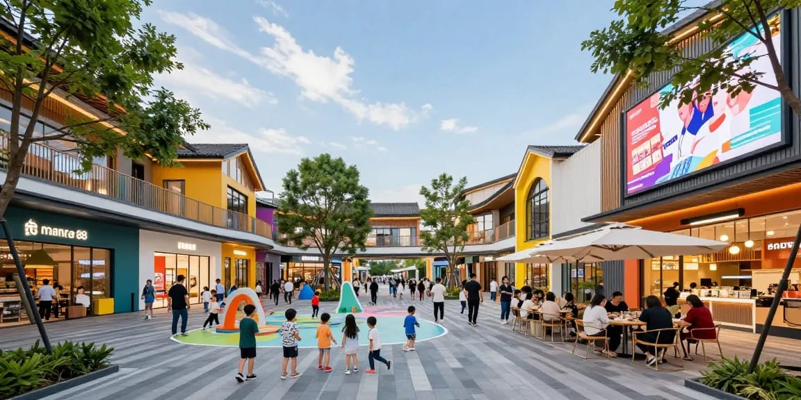 Experience the lively atmosphere of mantra88, a modern commercial and entertainment center bustling with families and vibrant storefronts.