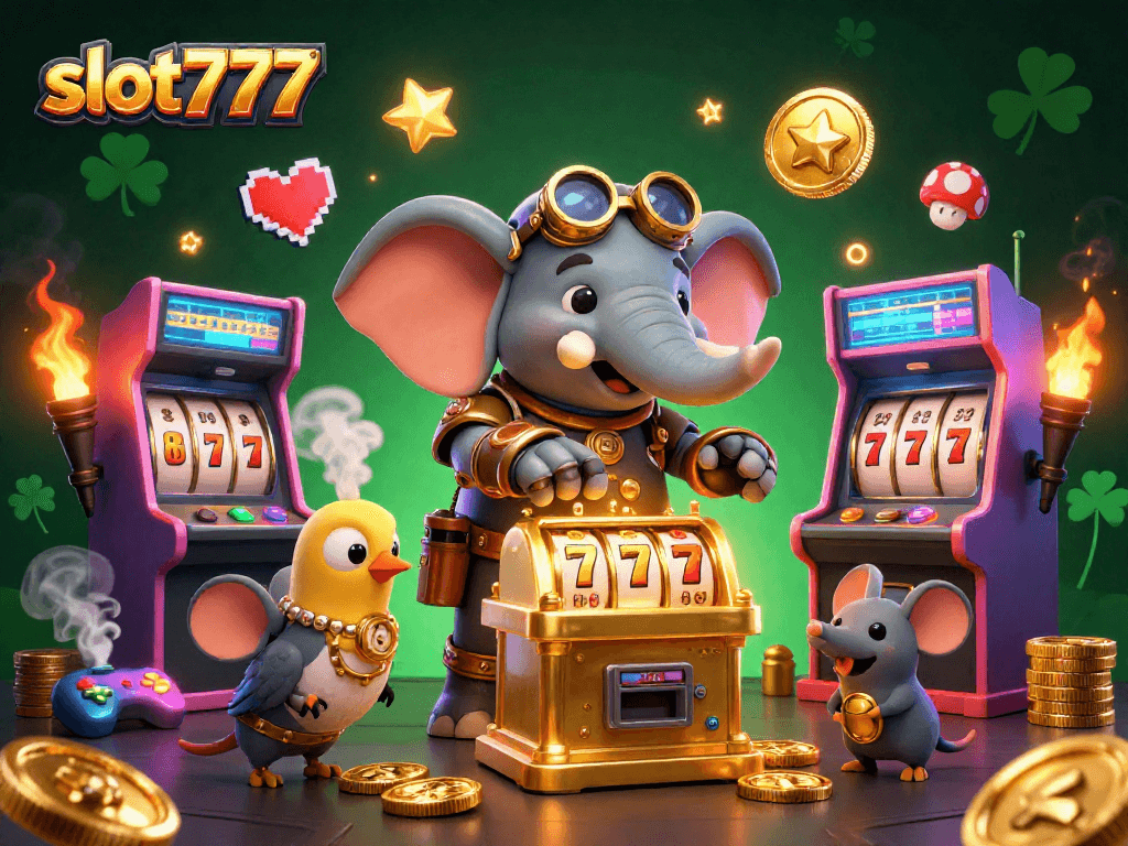 Experience the thrill at slot777 with a cartoon elephant operating a dazzling golden slot machine.