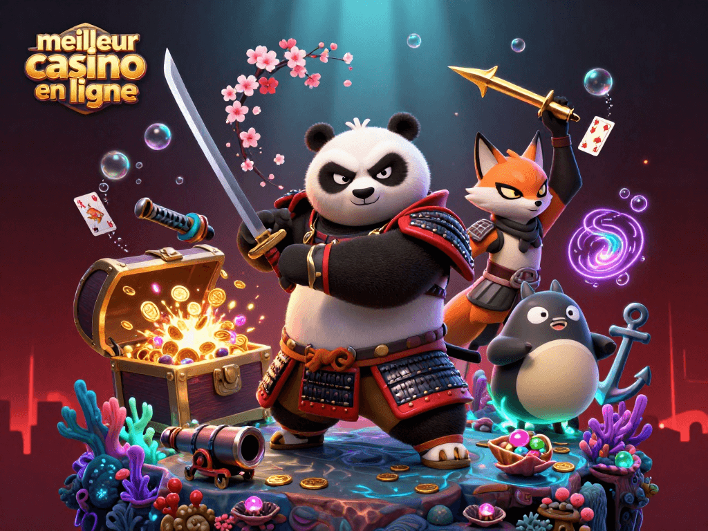 Jouer au meilleur casino en ligne avec des personnages et des éléments de jeu captivants dans une scène animée.