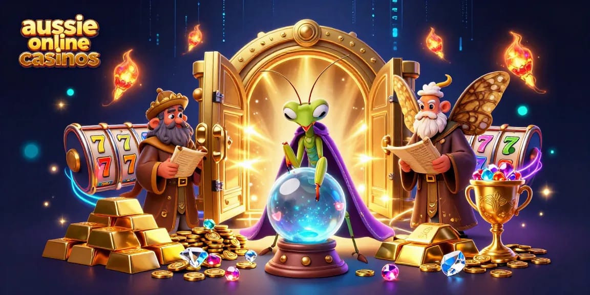 Experience the magic of aussie online casinos with this vibrant 3D illustration featuring fortune tellers and treasures.