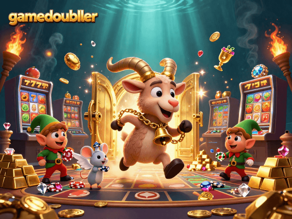 Experience vibrant gaming action with gamedoubler, featuring playful characters in a dynamic casino scene.