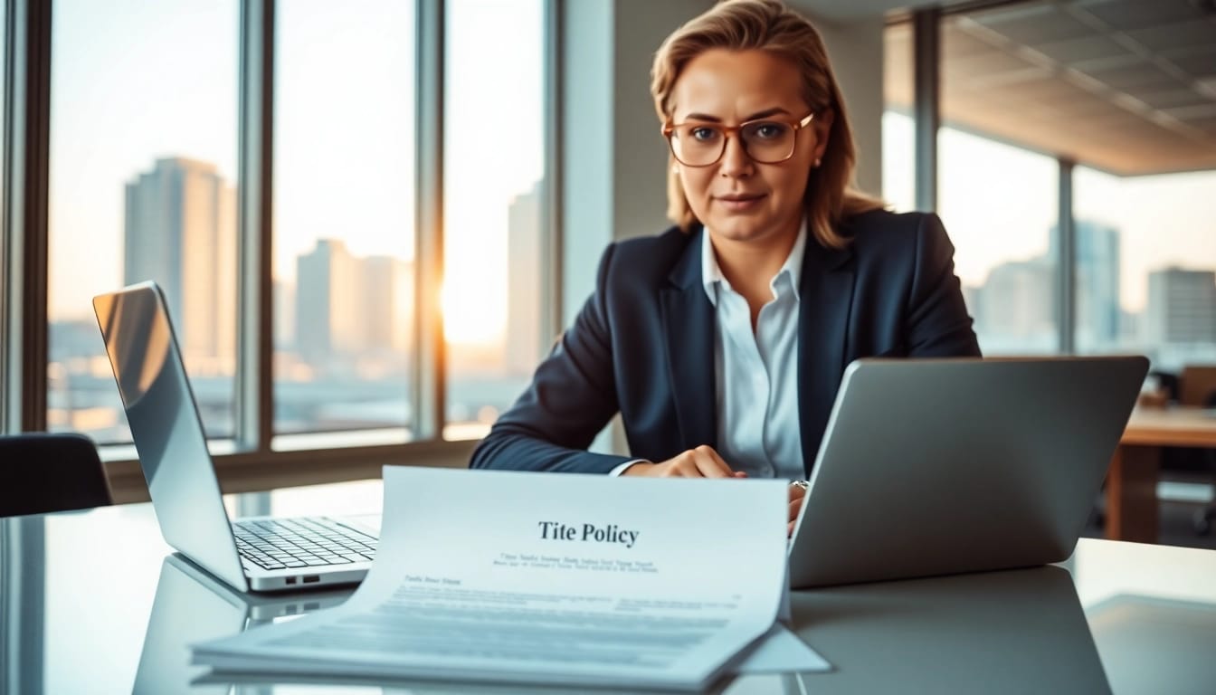 Engaging title insurance services agent reviewing important documents in a modern office setting.