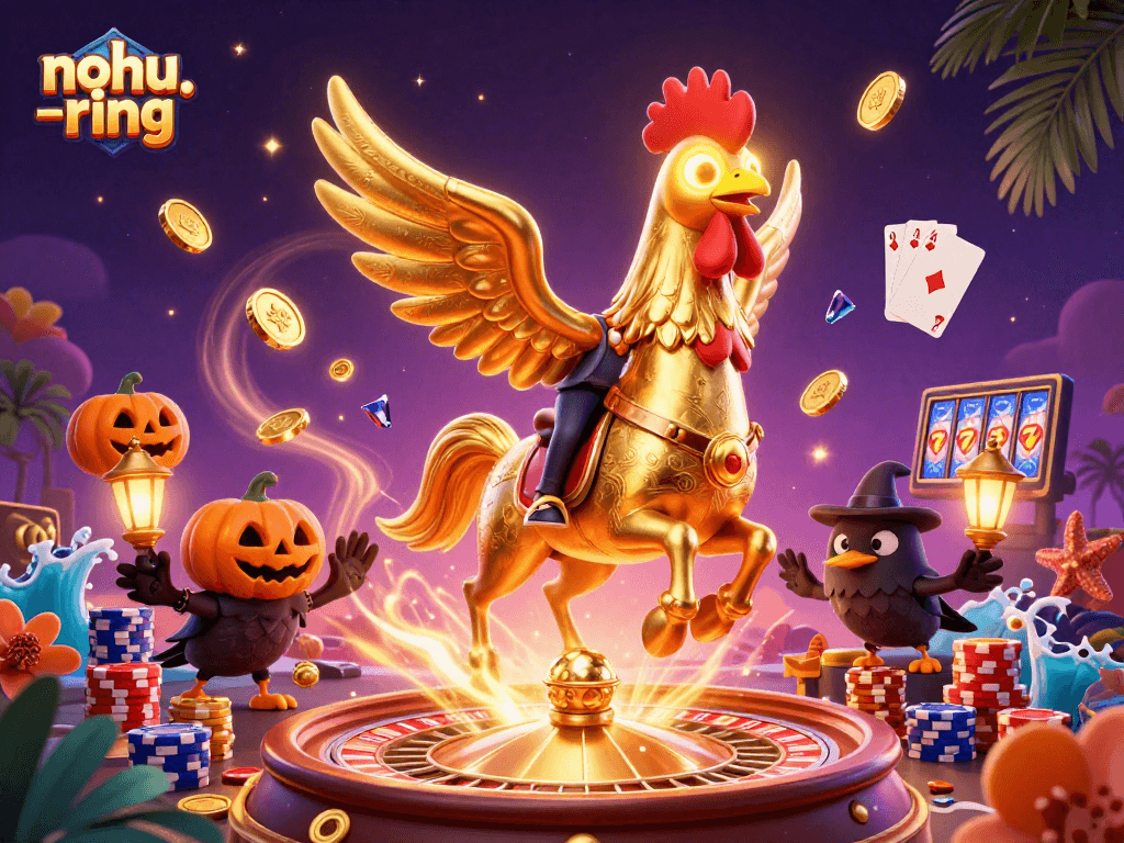 Experience the nohu-ring jackpot glory with a dynamic golden rooster and vibrant casino visuals.