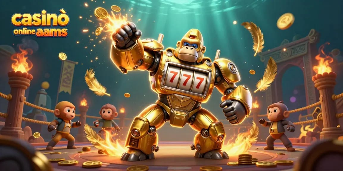 Casinò online non AAMS: illustrazione di un gorilla meccanico d'oro tra slot machine e monete volanti.