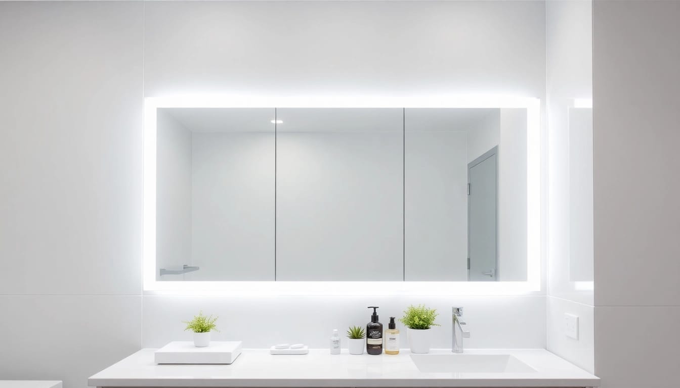 Spiegelschrank Bad mit Beleuchtung in modernem Badezimmer, elegant und funktional gestaltet.