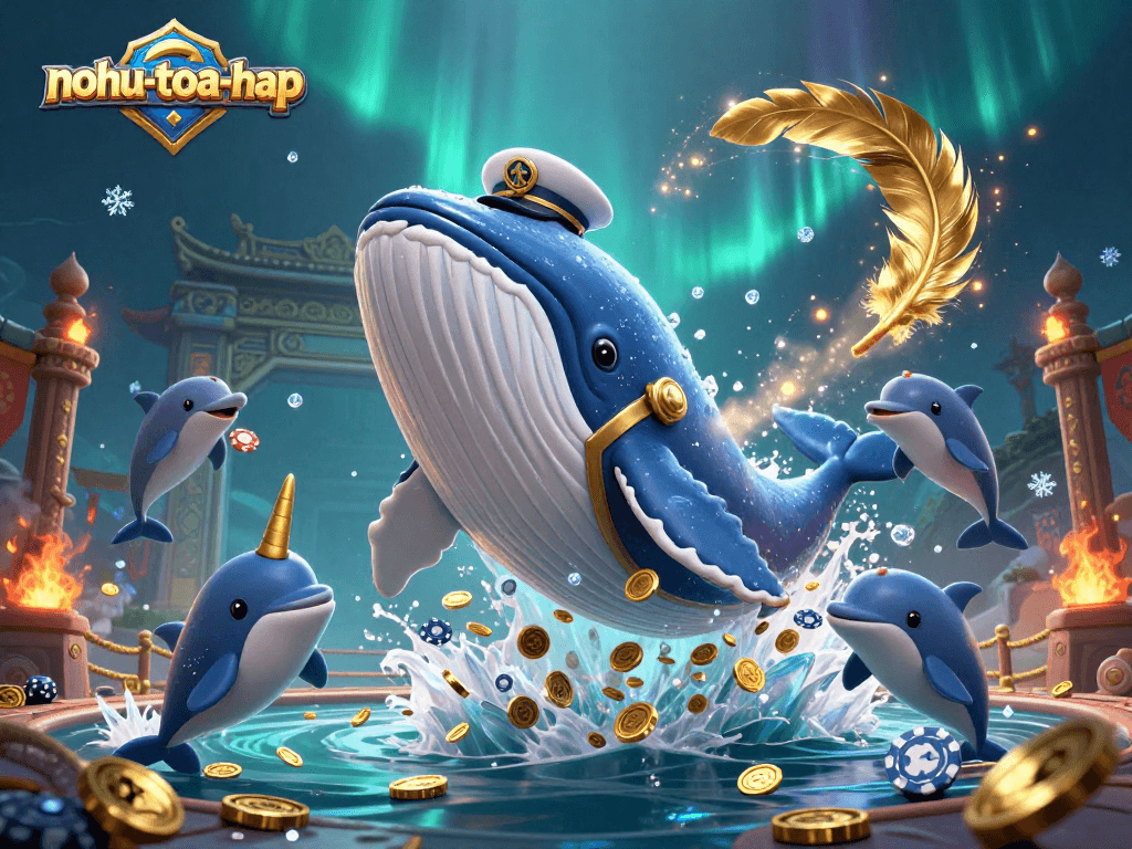 Win big with nohu-toa-thap in this dynamic 3D casino-themed illustration of a whale breaching coins.