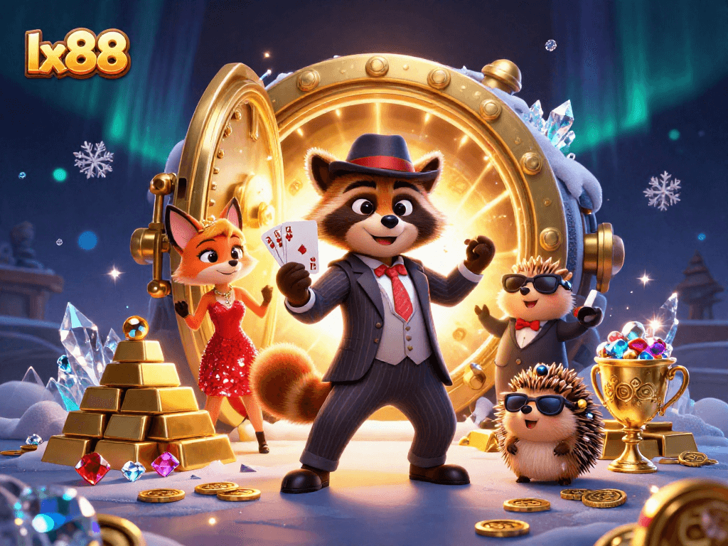 Experience the thrill of lx88 casino games with a suave raccoon, elegant fox, and bouncer in an intriguing, vibrant scene.