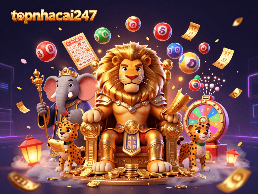 Experience thrilling gameplay at topnhacai247 with a vibrant lion king, wise elephant, and quick cheetah amidst dynamic casino elements.