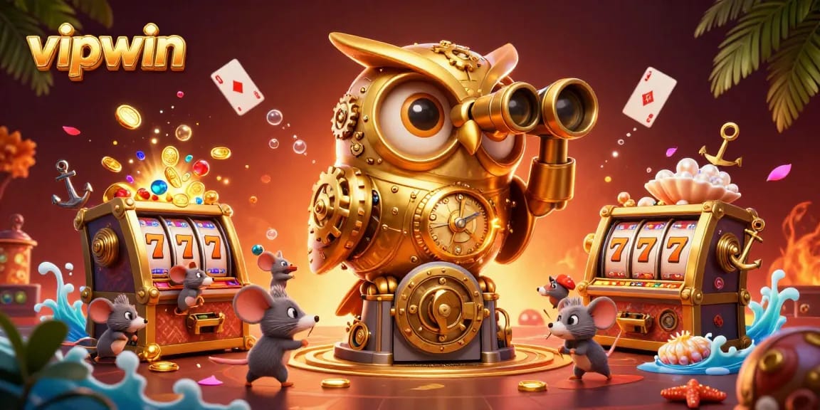 Engage with vipwin's vibrant casino atmosphere illustrated through an owl overlooking dynamic gaming elements.