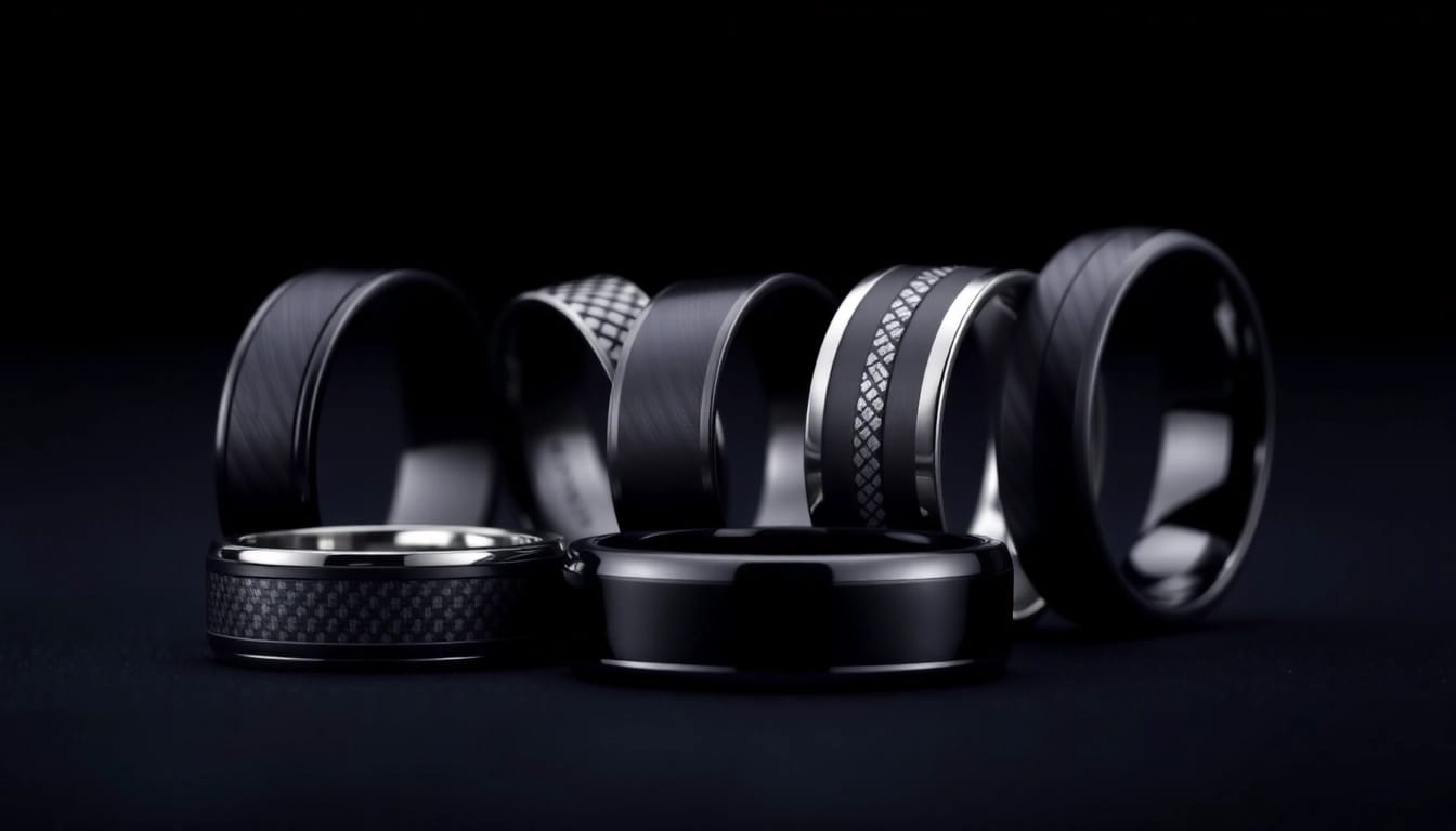 Showcase of Black Wedding Rings for Men featuring different styles in an elegant setting.