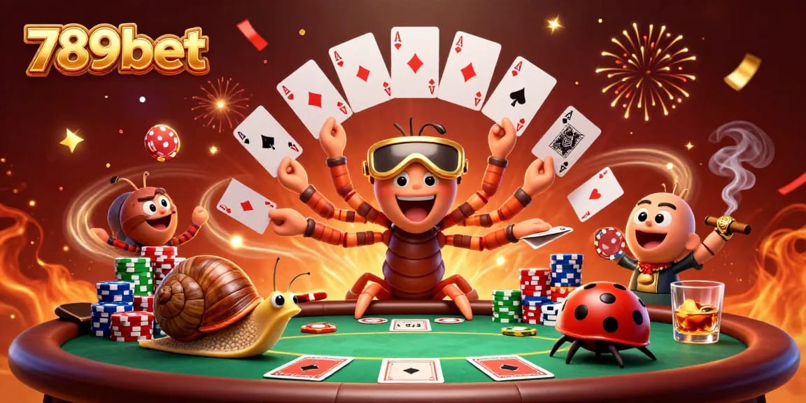 Engage in thrilling gameplay with 789bet's unique casino experience featuring a whimsical millipede dealer and dynamic poker scene.