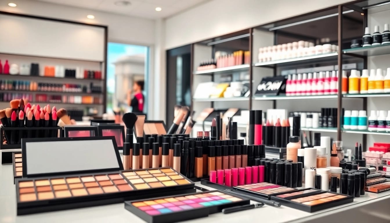 Explore makeup wholesale products displayed elegantly in a boutique setting