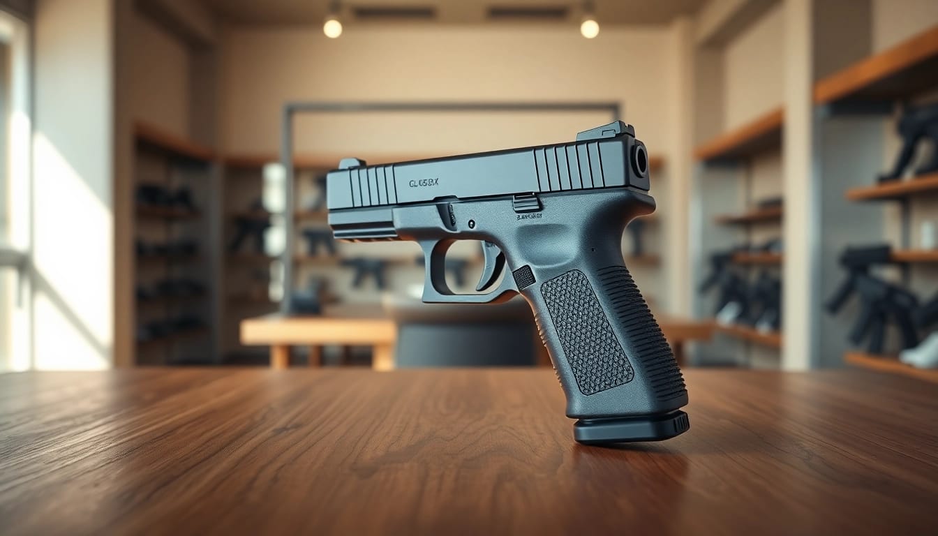Showcasing the glock 43x mos pistol on a polished surface highlighting its sleek design.