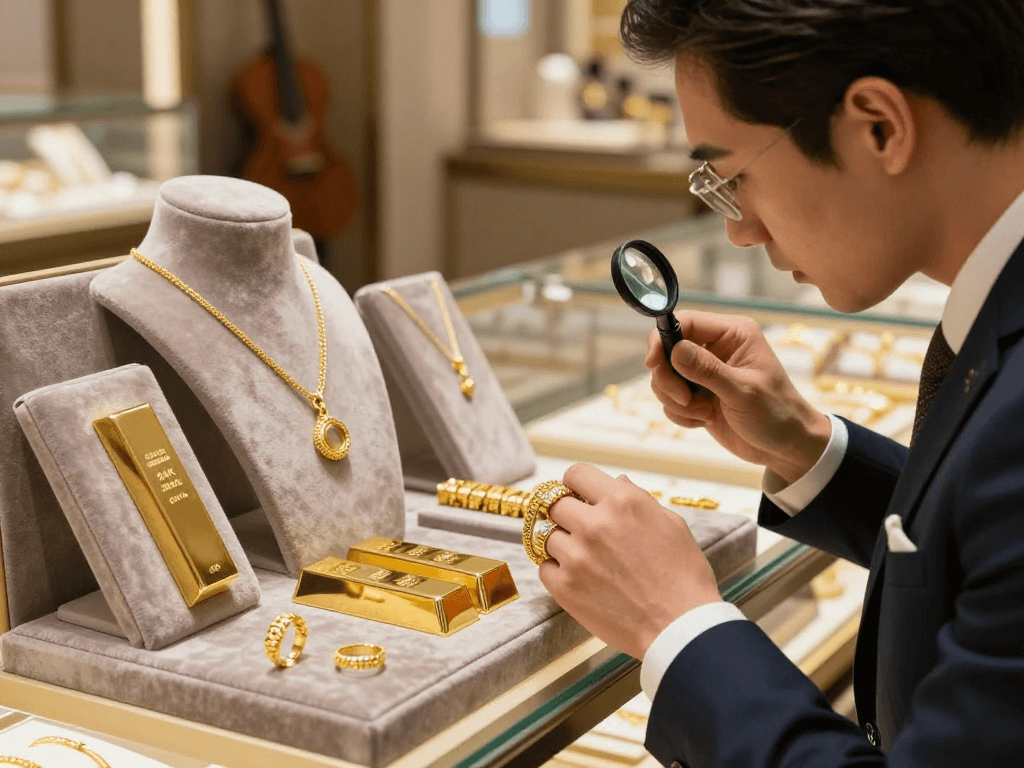 mantra88 gold jewelry display showcasing 24K and 22K pieces with a customer examining a bracelet.