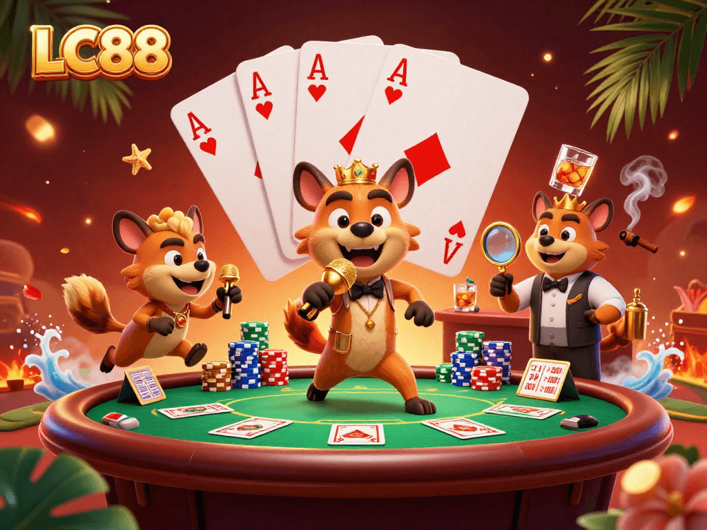 LC88 hyenas deliver comedy in a vibrant casino scene with poker action and colorful chips.