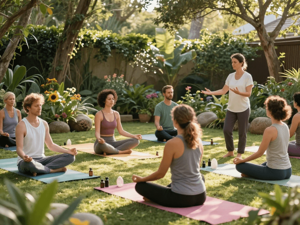 Group practicing mantra88 meditation in a serene garden.