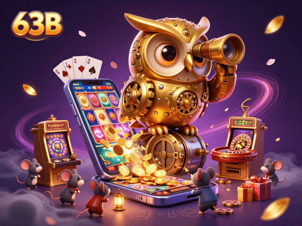 63B apresenta um cassino vibrante com um sábio buho dourado e camundongos patronos jogando às slots