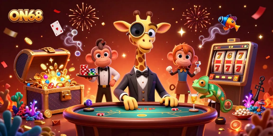 Experience premium gaming at ON68 with a lively scene showcasing rich rewards and casino action.