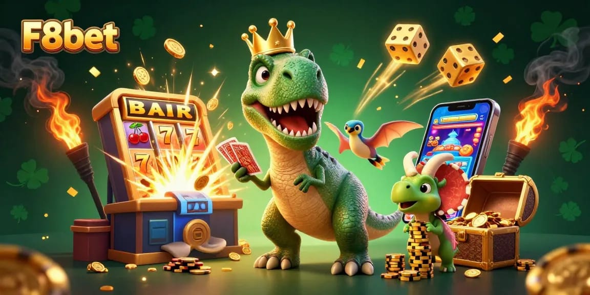 Experience the vibrant gaming world of F8bet with playful dinosaur characters and dynamic casino elements.