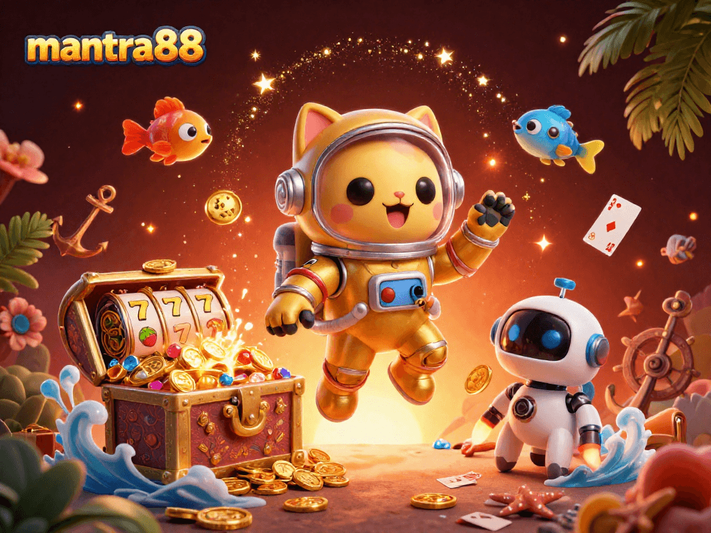 Experience mantra88 with an engaging slot game scene featuring a golden astronaut cat and treasures.